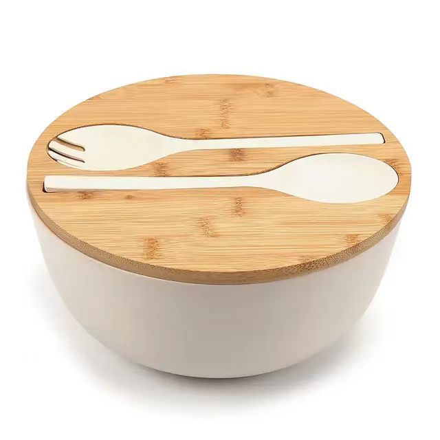 Hot Selling Salad Serving Bowl With Bamboo Lid  Plastic Melamine Fruit Large Bowl With Spoon Fork Cutting Board