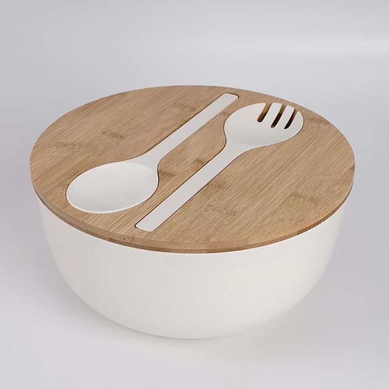 Hot Selling Salad Serving Bowl With Bamboo Lid  Plastic Melamine Fruit Large Bowl With Spoon Fork Cutting Board