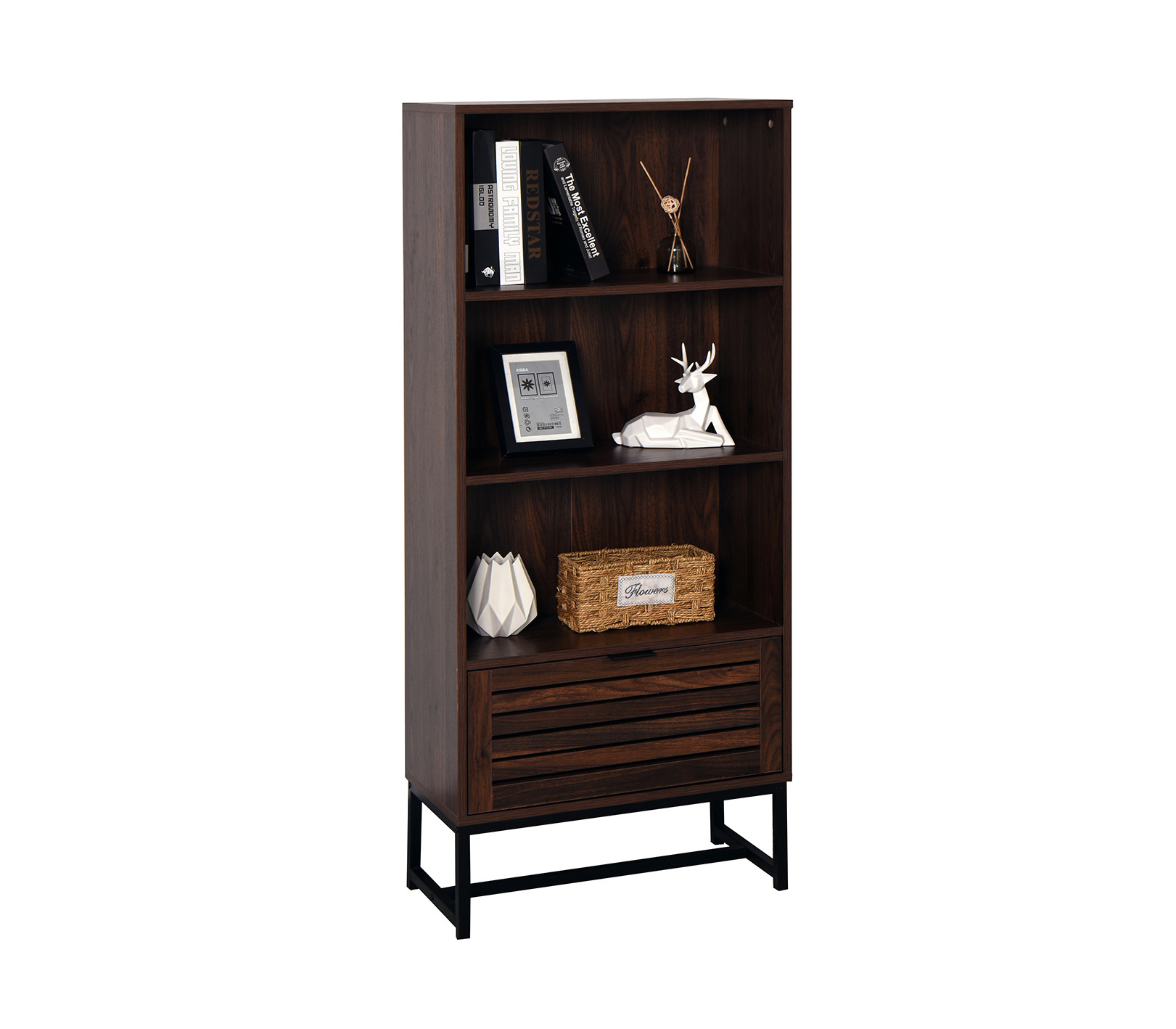 Metal Frame Bookshelf 3 tiers Bookcase Wooden Book Storage