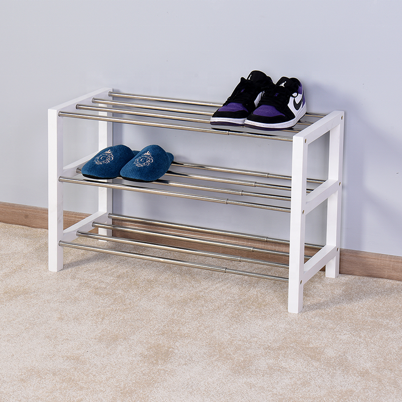 3 Tier stainless adjustable metal shoe rack with wood frame extendable entryway shoe rack