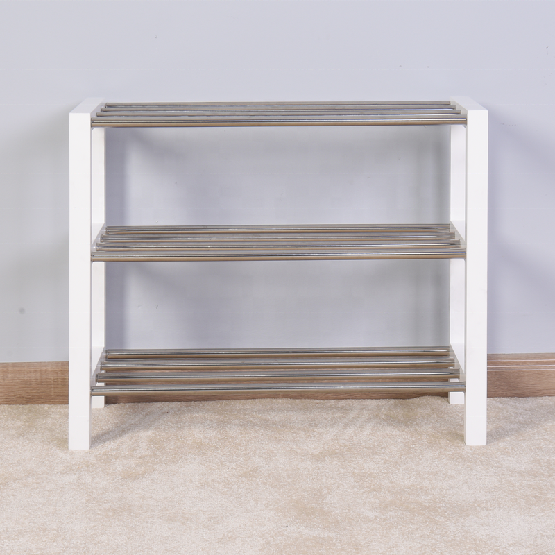 3 Tier stainless adjustable metal shoe rack with wood frame extendable entryway shoe rack