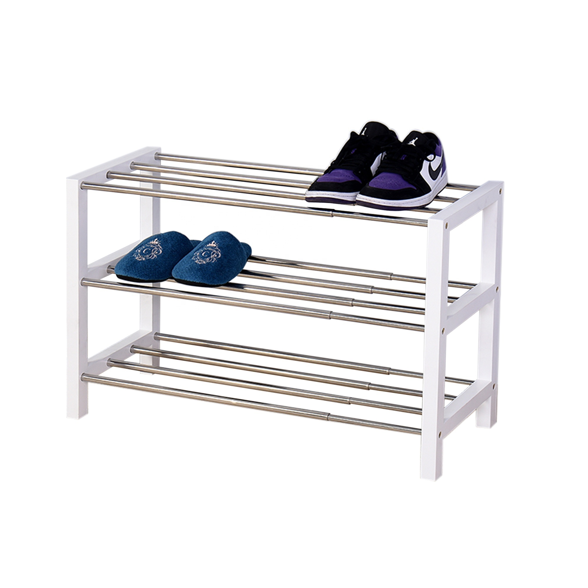 3 Tier stainless adjustable metal shoe rack with wood frame extendable entryway shoe rack