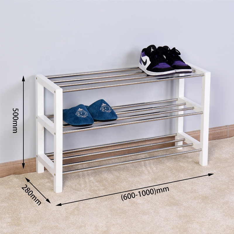 3 Tier stainless adjustable metal shoe rack with wood frame extendable entryway shoe rack