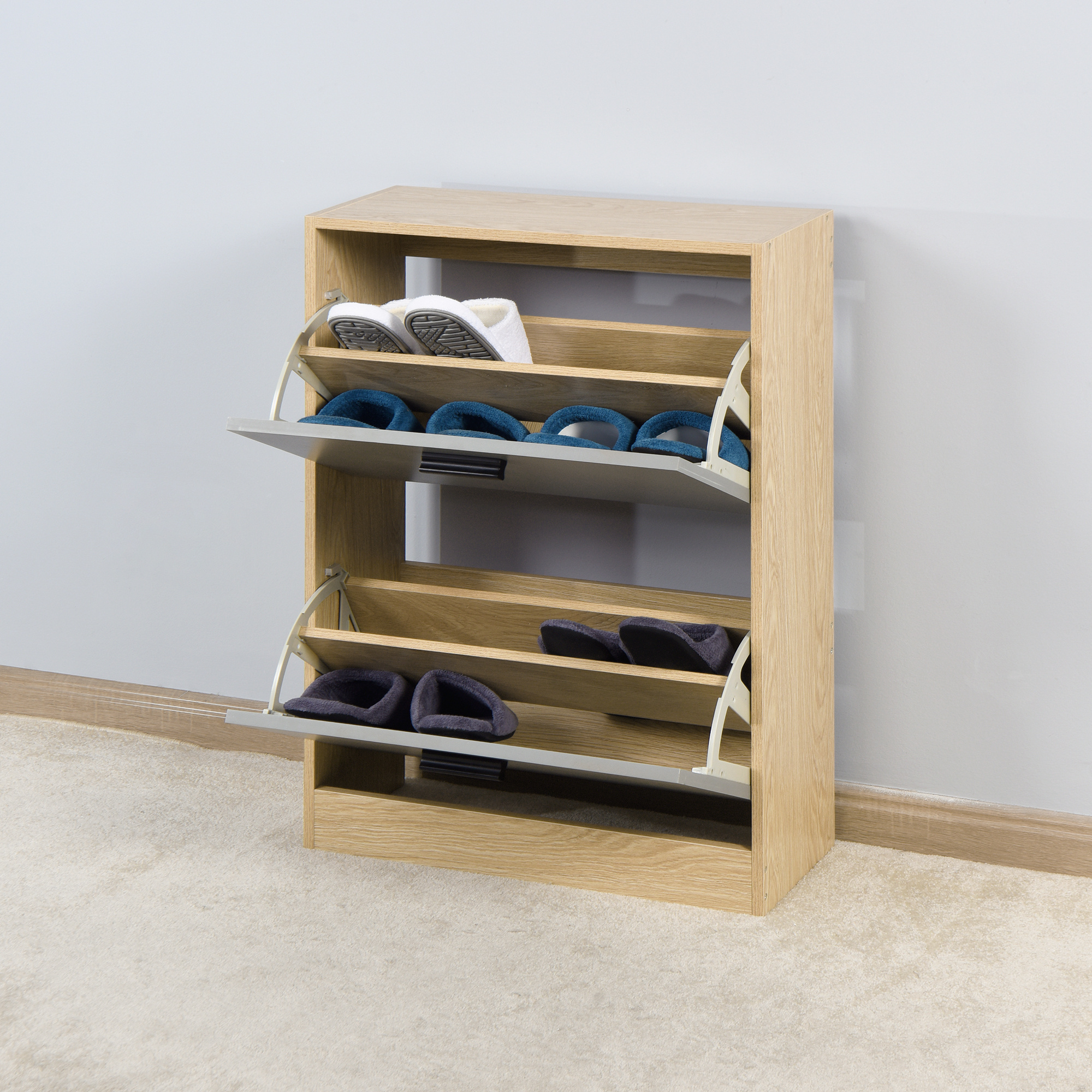 Two Tier Outside Four Layers Inside Easy to Pull Out Wooden Shoe  Cabinet Modern MDF Shoe Rack