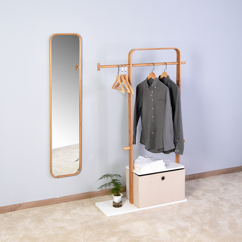 Hot sale room body mirror full length dressing  freestanding bamboo frame mirror cabinet storage coat rack