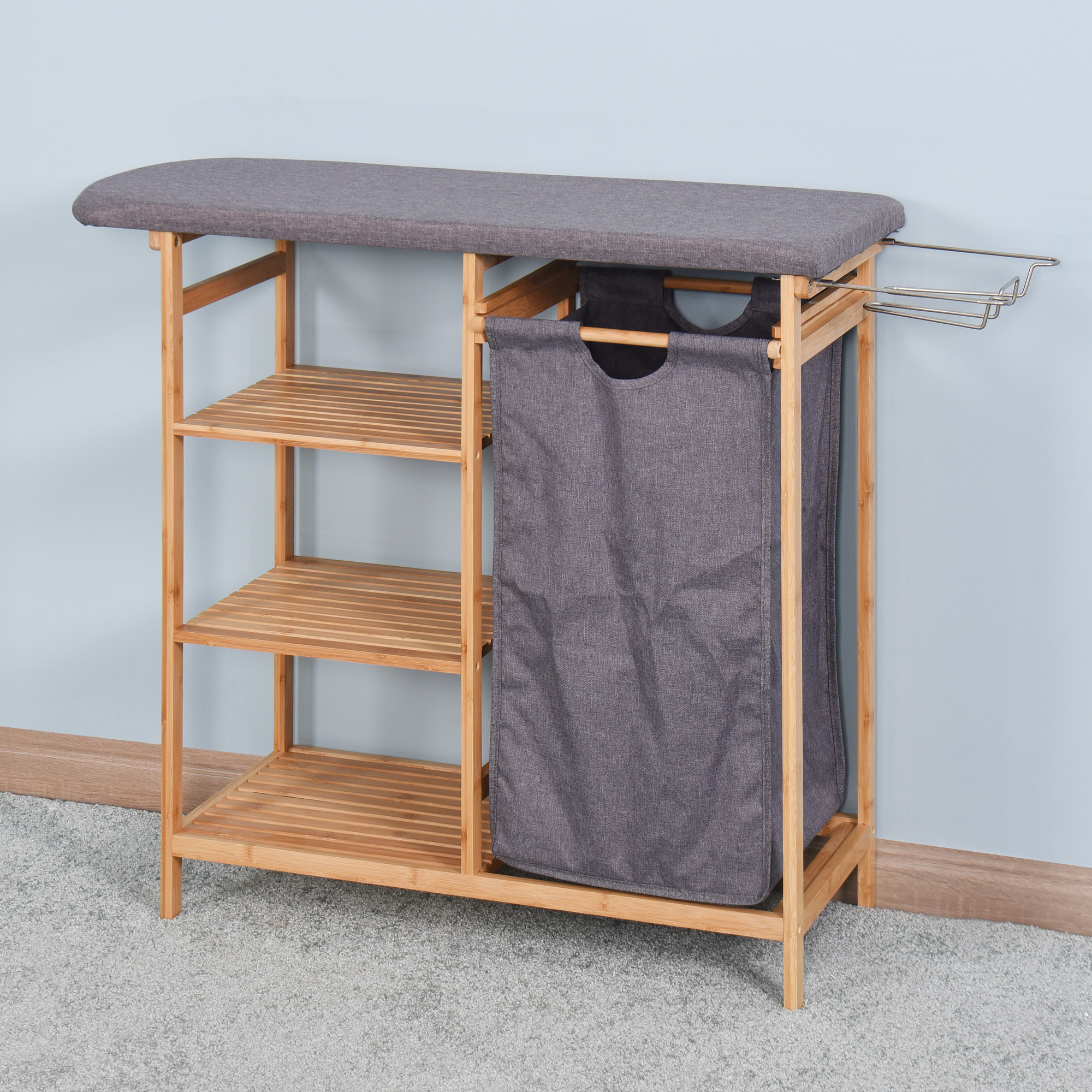 Multifunctional  laundry basket hamper cart furniture rack with ironing board storage shelf rack for bathroom