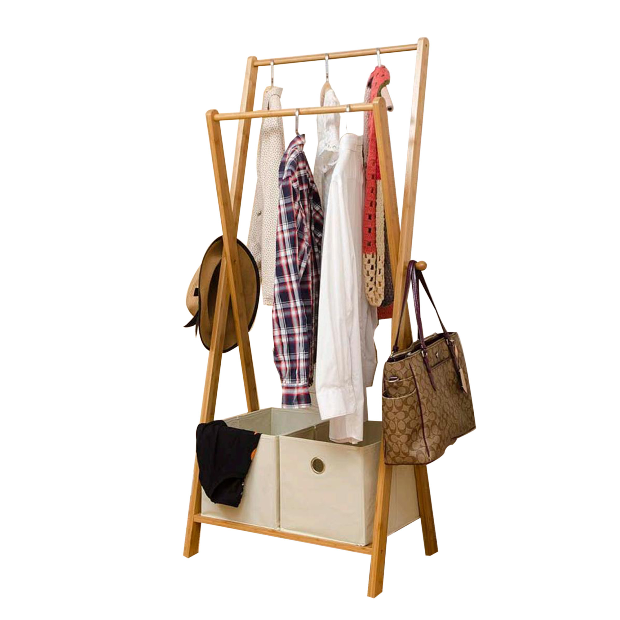 Natural Bamboo Garment Rack With Storage Shelf Multifunctional Wooden Coat Drying Rack Living Room Cloth Hanger Coat Hat Stand