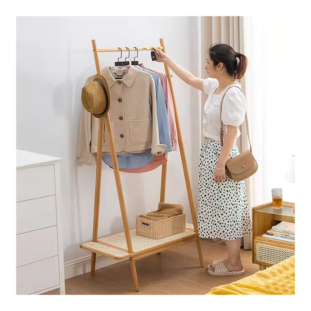 Hot sale good price commercial bamboo floor standing coat storage clothes rack with rattan design