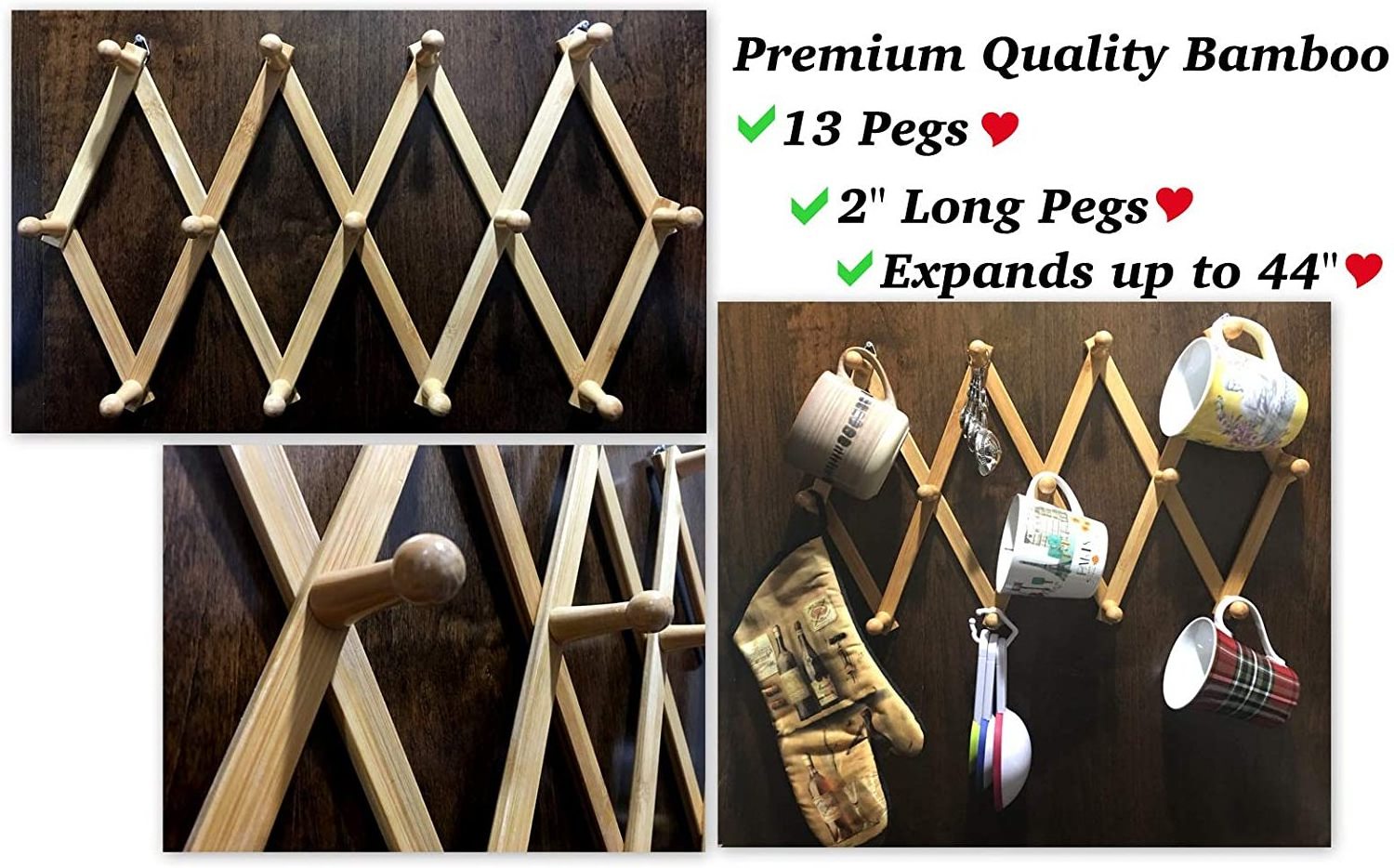 Factory wholesale Excellent Quality 13 Pegs Expandable Wall Mounted bamboo Coat Rack