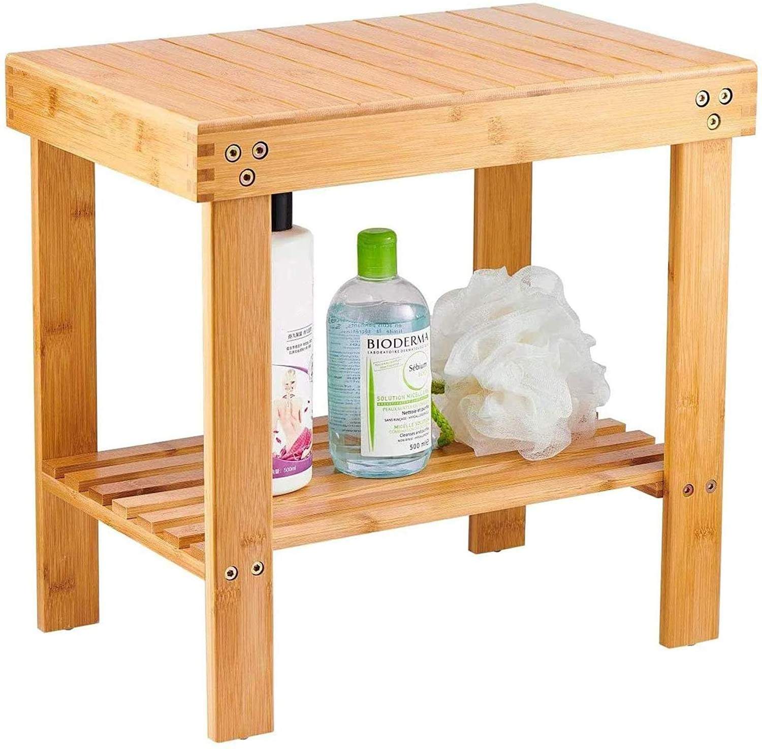 Bamboo Shower Bench Seat Foot Stool,Bathroom Storage Shelf 2 tier Bath Bench Tool