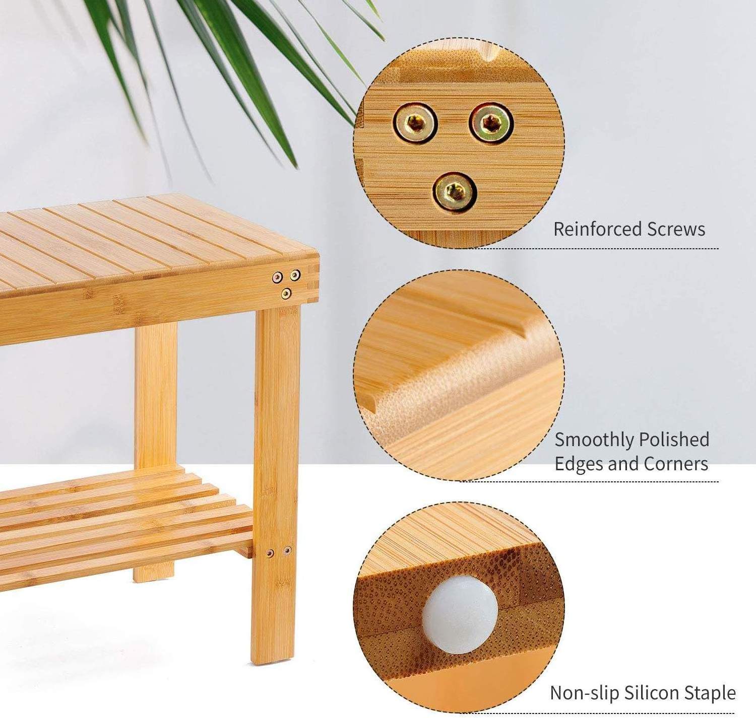 Bamboo Shower Bench Seat Foot Stool,Bathroom Storage Shelf 2 tier Bath Bench Tool