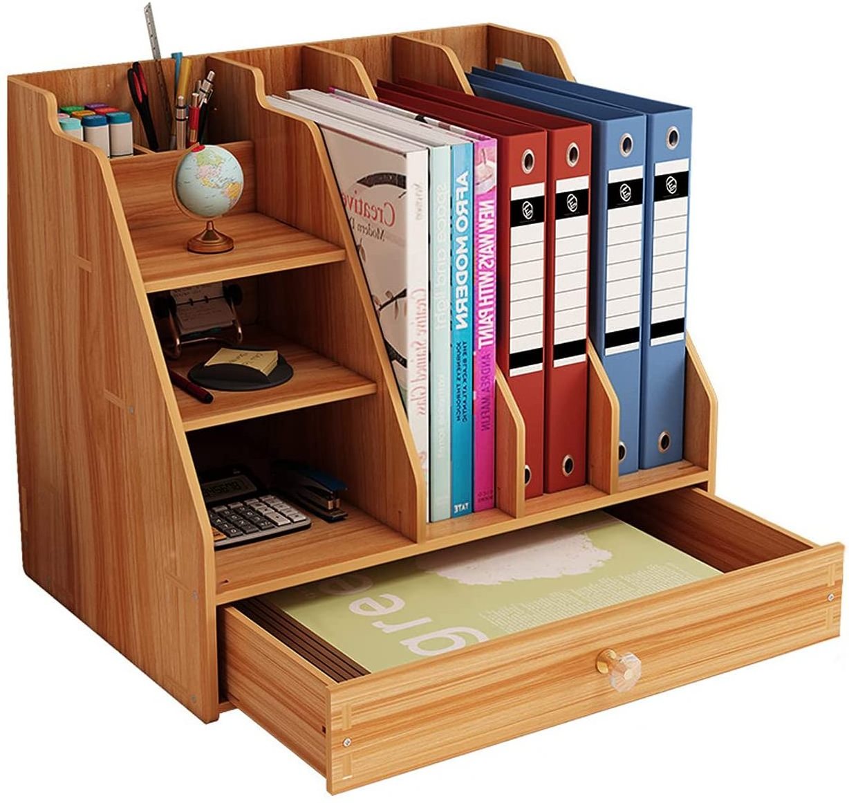 Desktop Organizer Wooden Multi Functional Office Paper Organizer With Drawer