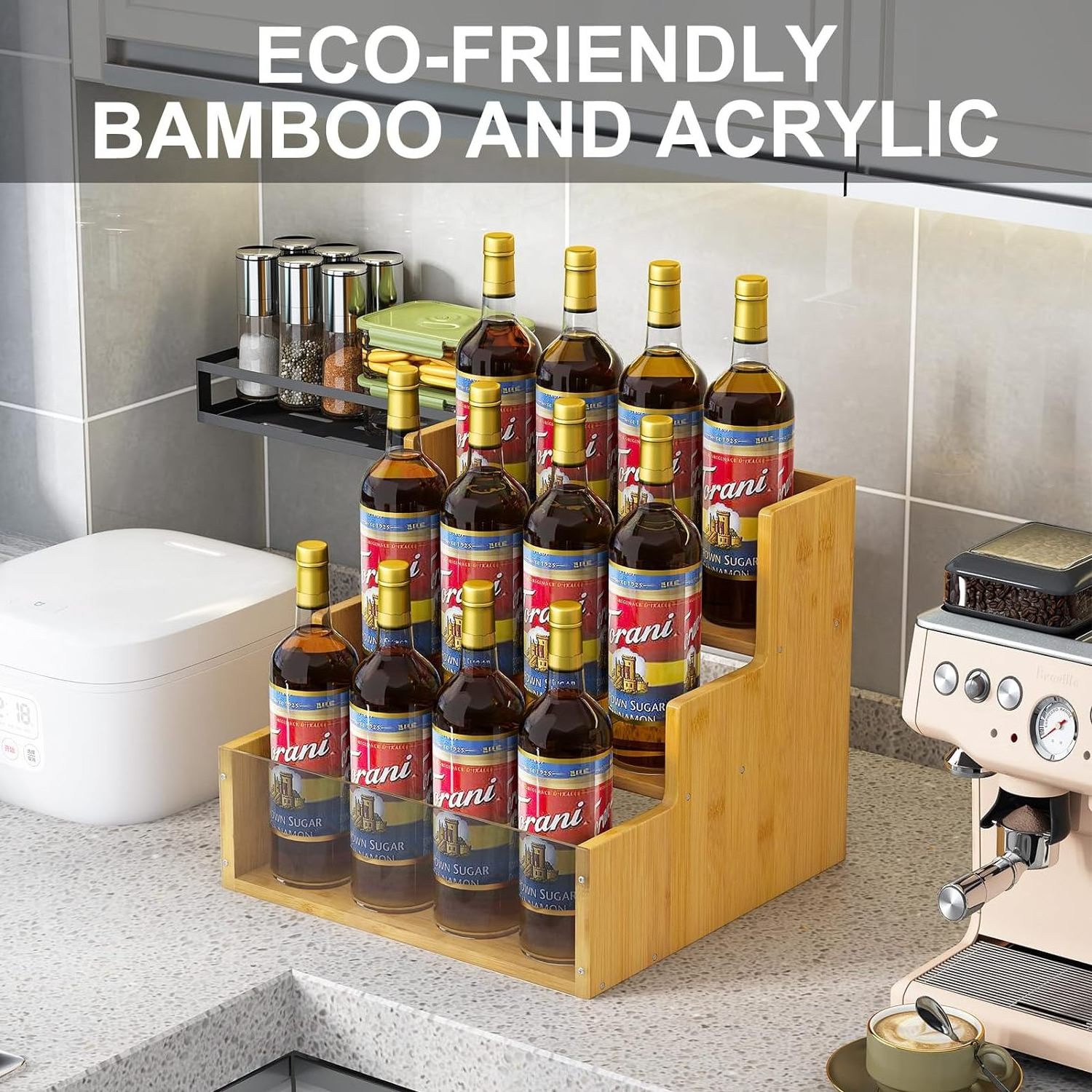 Great Coffee Syrup Organizer Stand 12 Bottles Syrup Rack for Coffee Bar Bamboo 3 Tier Countertop Storage Holder Shelf