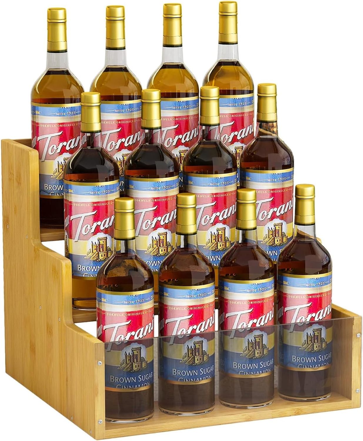 Great Coffee Syrup Organizer Stand 12 Bottles Syrup Rack for Coffee Bar Bamboo 3 Tier Countertop Storage Holder Shelf