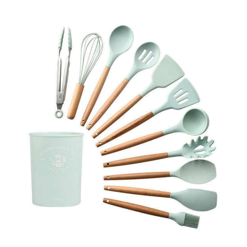 juego de utensilios de cocina de silicona custom wholesales wooden silicone cooking kitchen utensils set