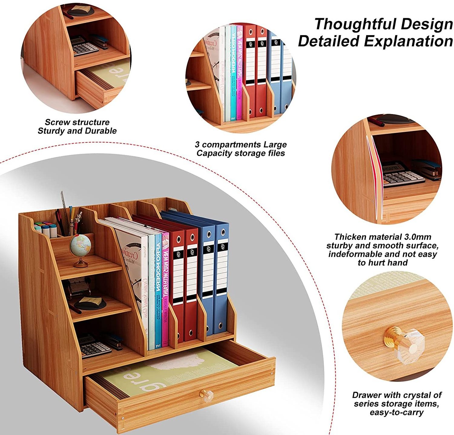 Desktop Organizer Wooden Multi Functional Office Paper Organizer With Drawer