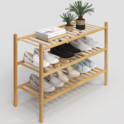 Bamboo 3-Tier Shoe Rack for Closet, Stackable Shoes Organizer Free Standing Shelf Entryway And Closet Hallway