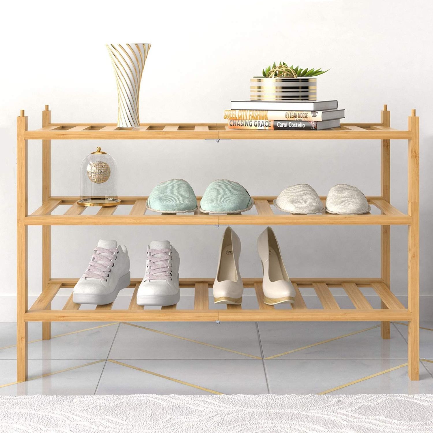 3-Tier Bamboo Shoe Rack, Stackable Shoe shelf Storage Organizer For Entryway, Hallway, and Closet