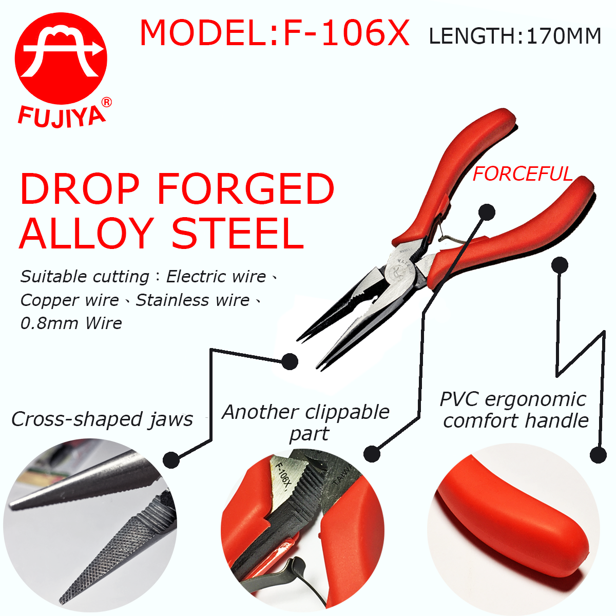 Forceful Needle Nose Pliers with Serrated Cross Shaped Jaws l PVC ergonomic comfort handle l  Suitable for Electric Copper wire