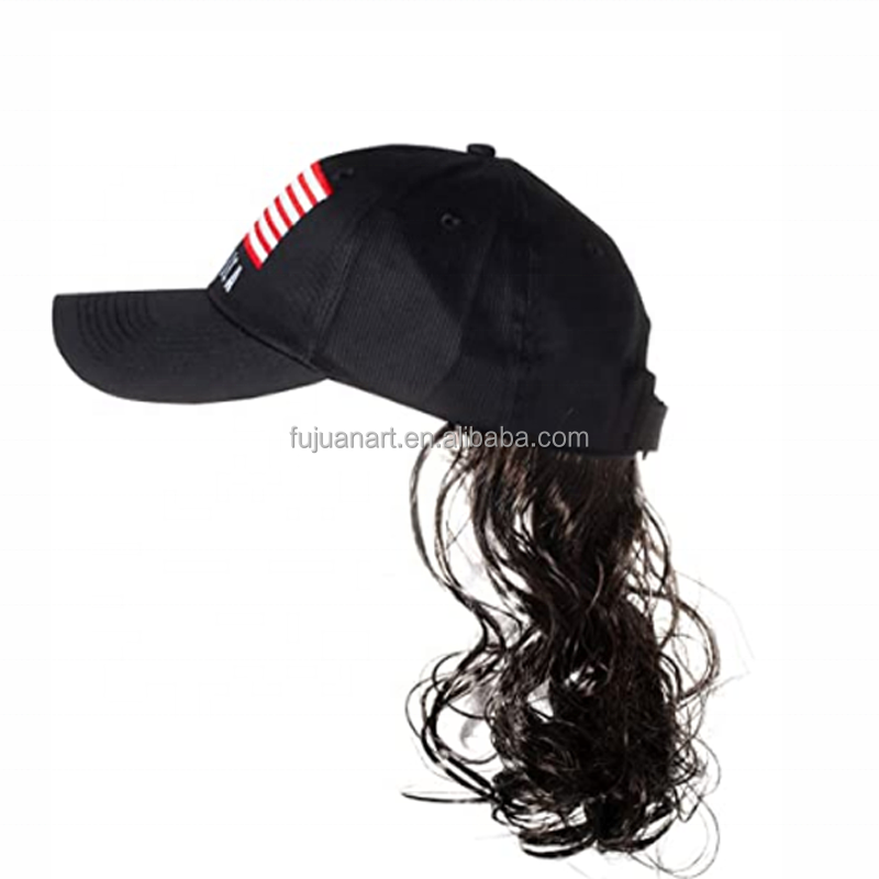 Black Mullet Hat brown Wig Baseball Cap with hair Adjustable Hook & Loop Closure