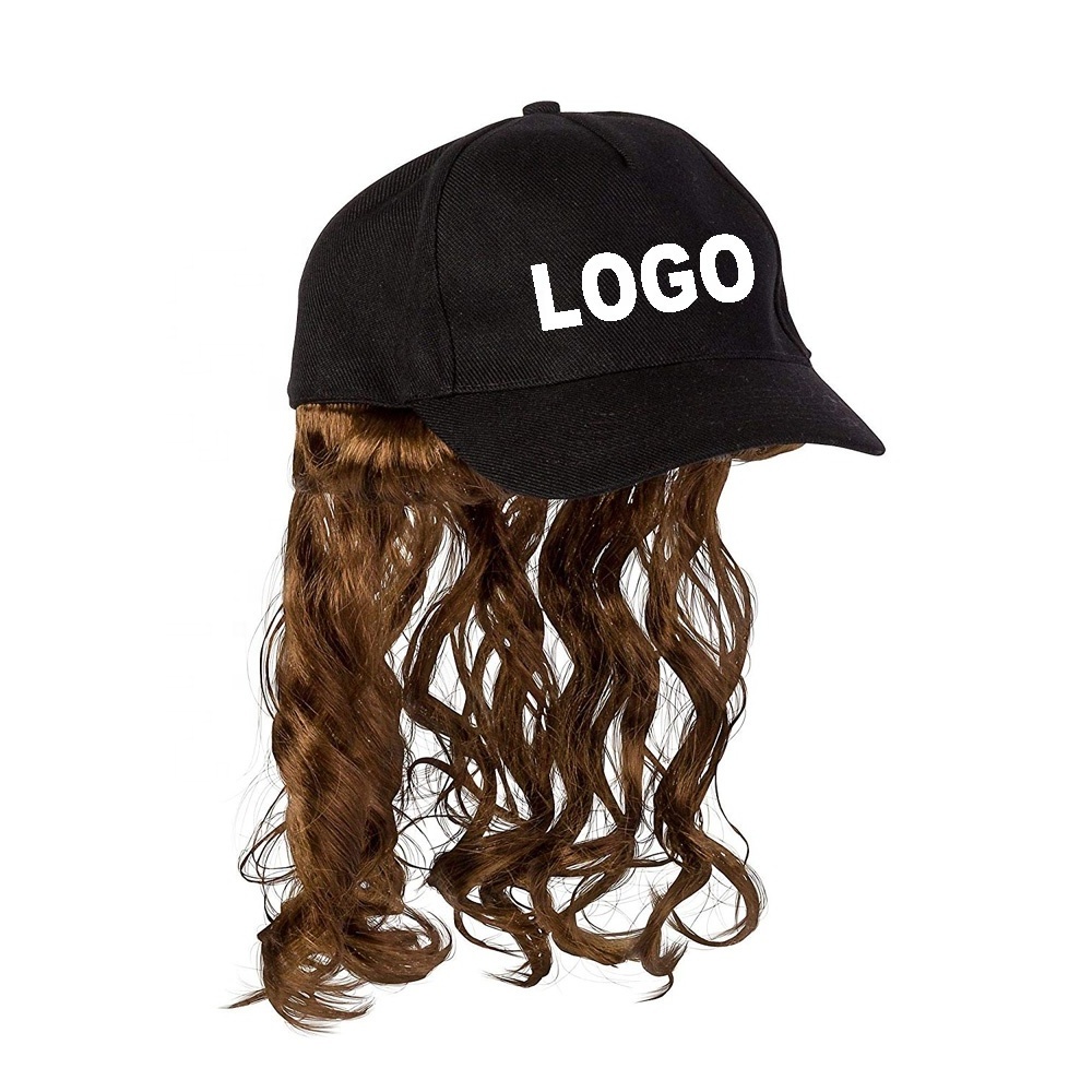 Factory New Black Mullet Hat brown Wig Baseball Cap with hair Adjustable Hook & Loop Closure