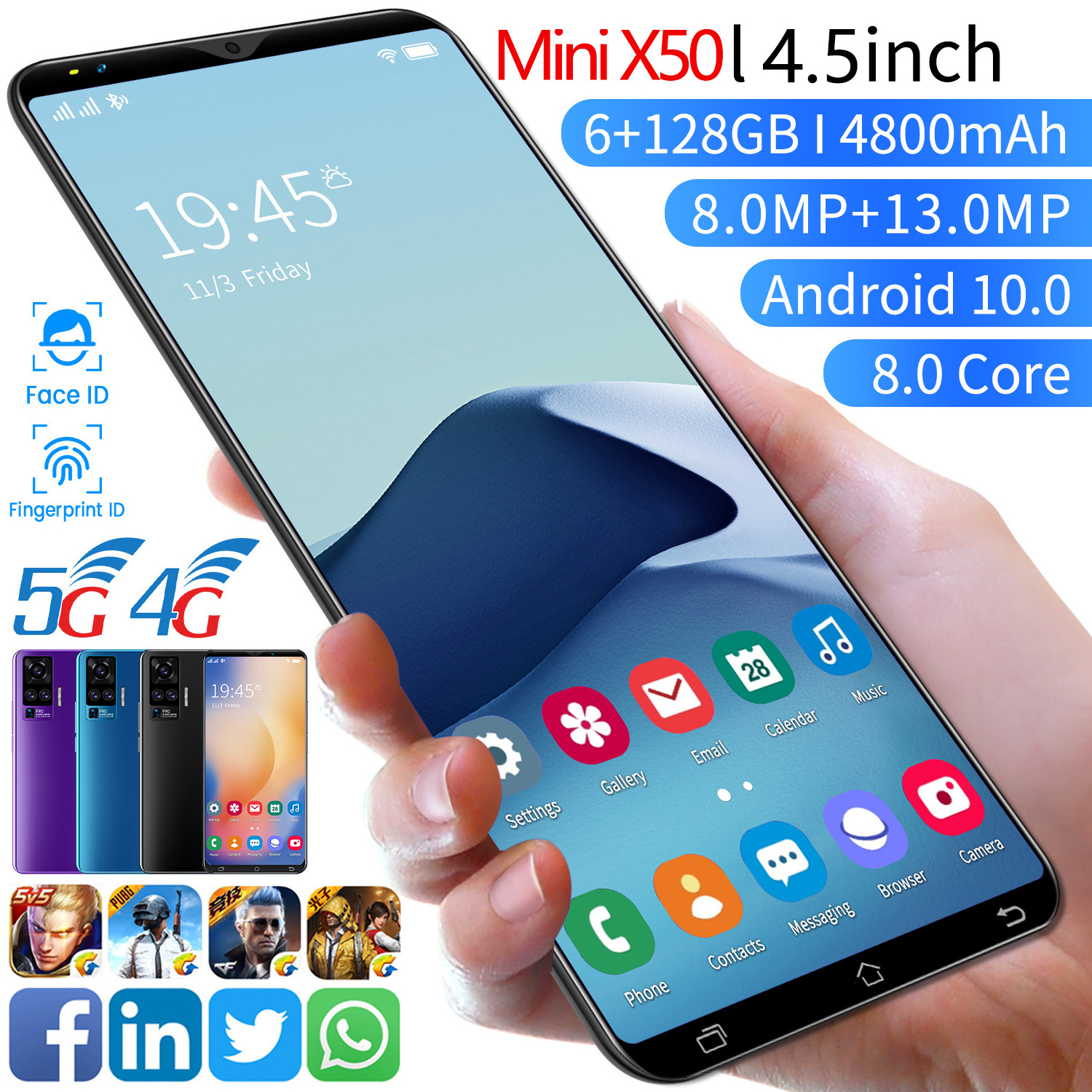 Factory new original wholesale mobile phone X50 mini 4.5Inch Full Screen 5G  Smartphone 6+128GB Unlocked Dual Sim MobilePhone