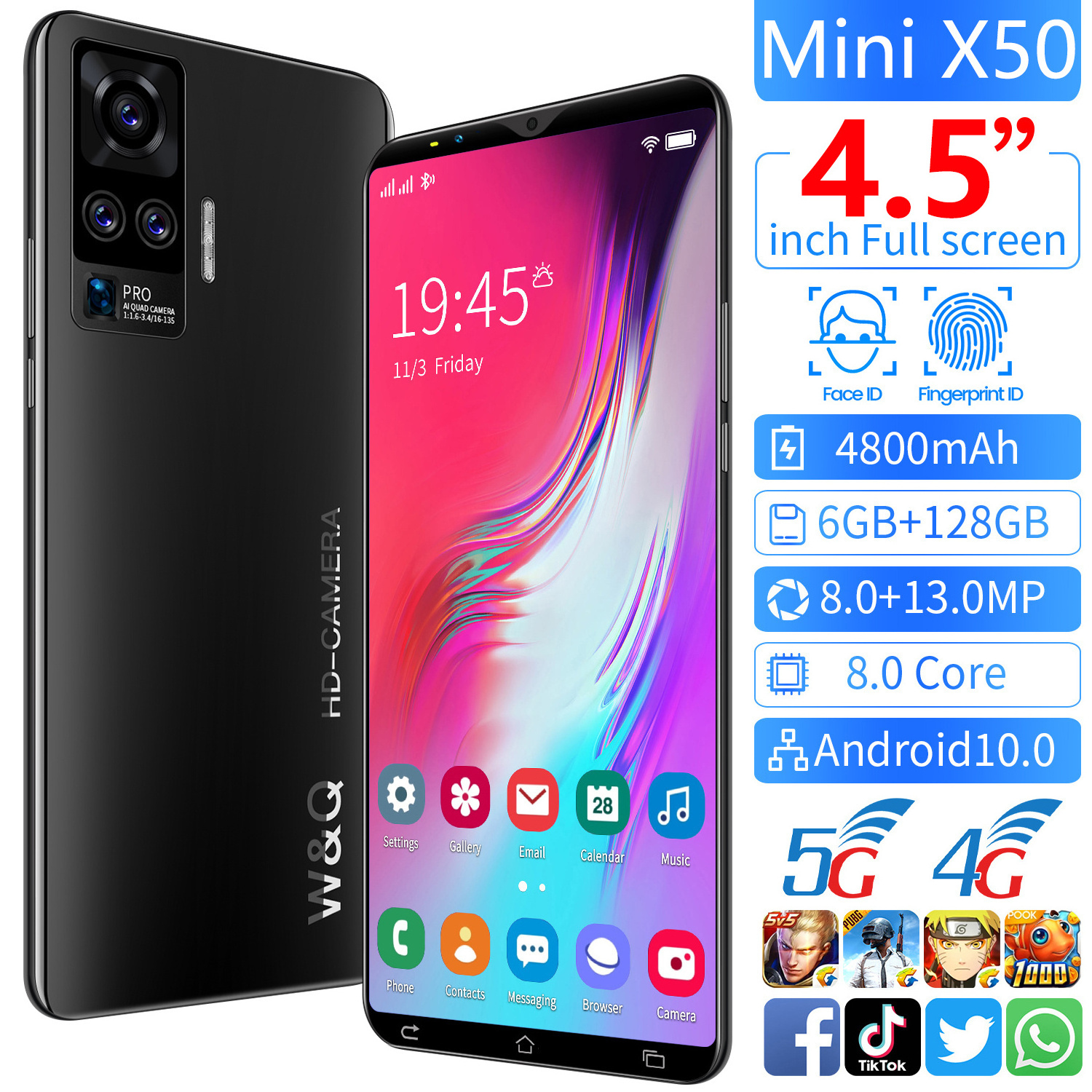 Factory new original wholesale mobile phone X50 mini 4.5Inch Full Screen 5G  Smartphone 6+128GB Unlocked Dual Sim MobilePhone