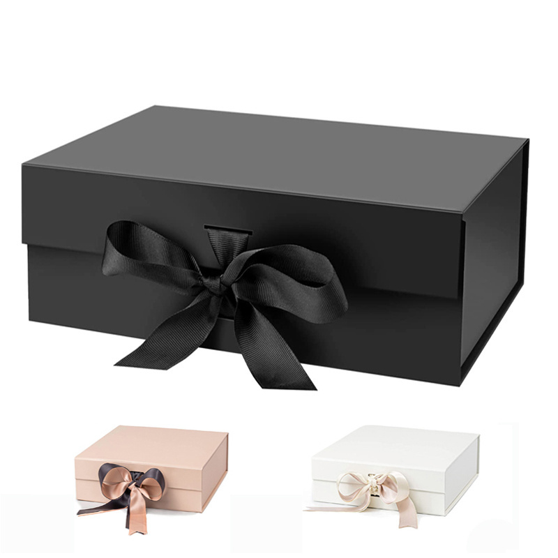 Custom Logo Magnet Rigid Box Packing Ready To Ship Personal Large Black Luxury Ribbon Paper Box With Magnetic Closure Gift Box