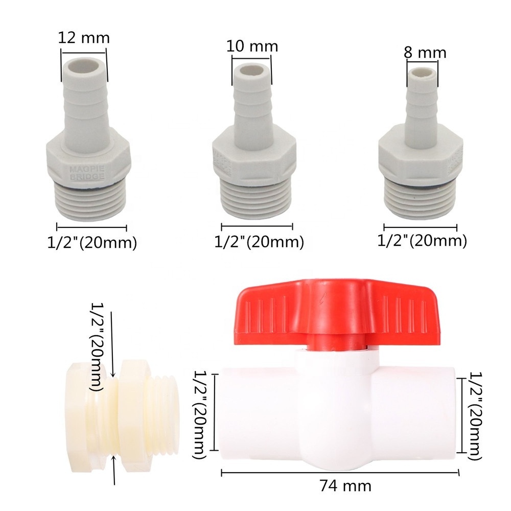 Plastic IBC Water Tank Fitting Connector Water Stop PVC Ball Valve 1/2 inch Thread 8 10 12mm Hose Joint Adapter