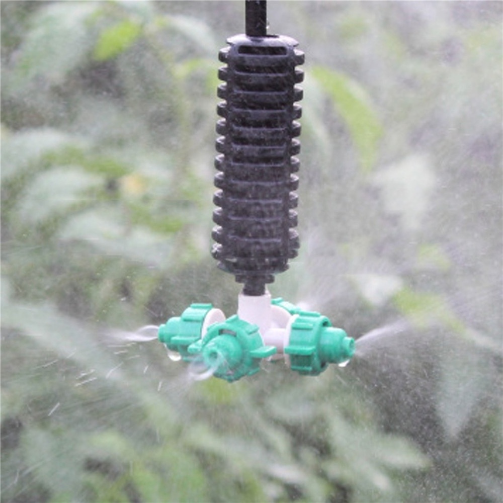 Garden Greenhouse Watering Irrigation 4 Way Outlet Fogger Cross Misting Nozzle Sprayer with Anti Drip Connector