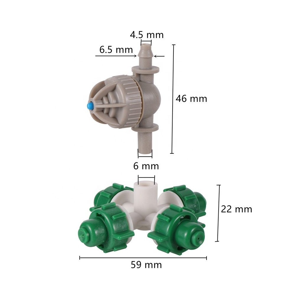 Garden Greenhouse Watering Irrigation 4 Way Outlet Fogger Cross Misting Nozzle Sprayer with Anti Drip Connector