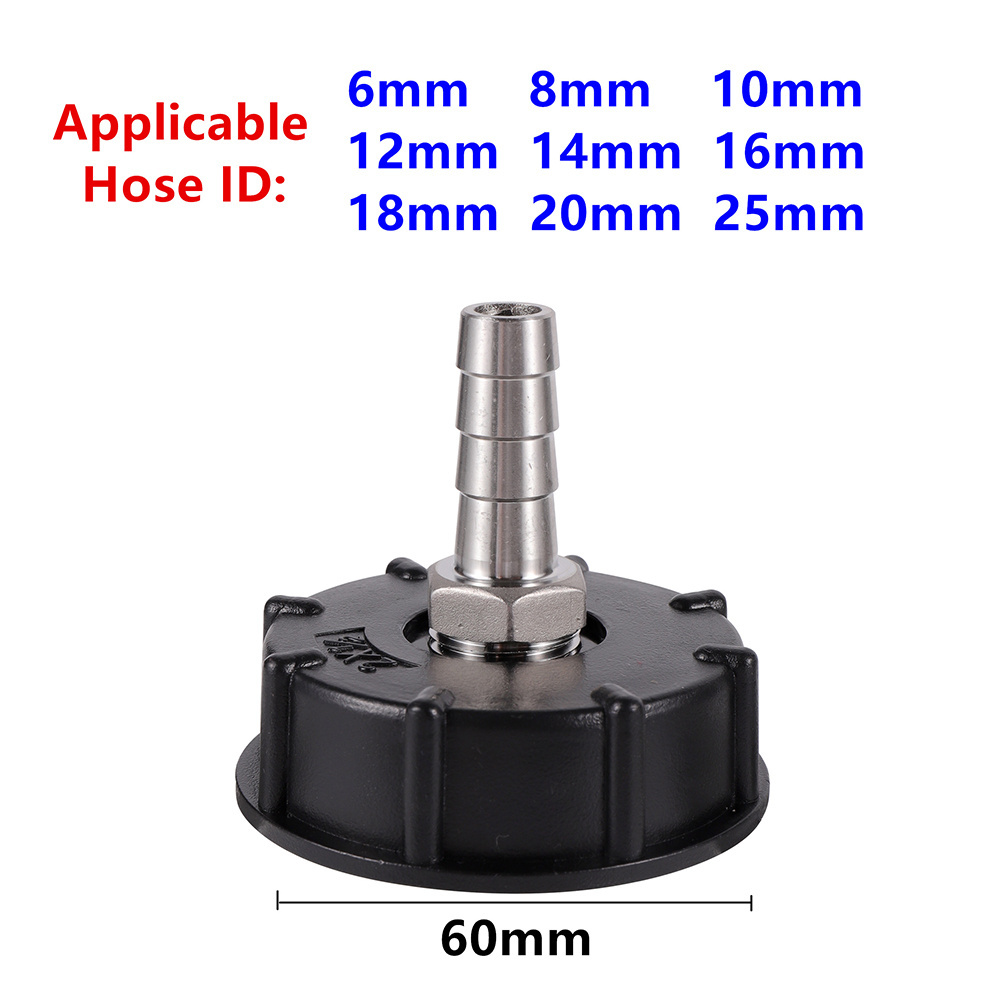 S60x6 Thread IBC Tank Adapter 304 Stainless Steel Barb Connector Hexagonal Hose Water Drain Fitting