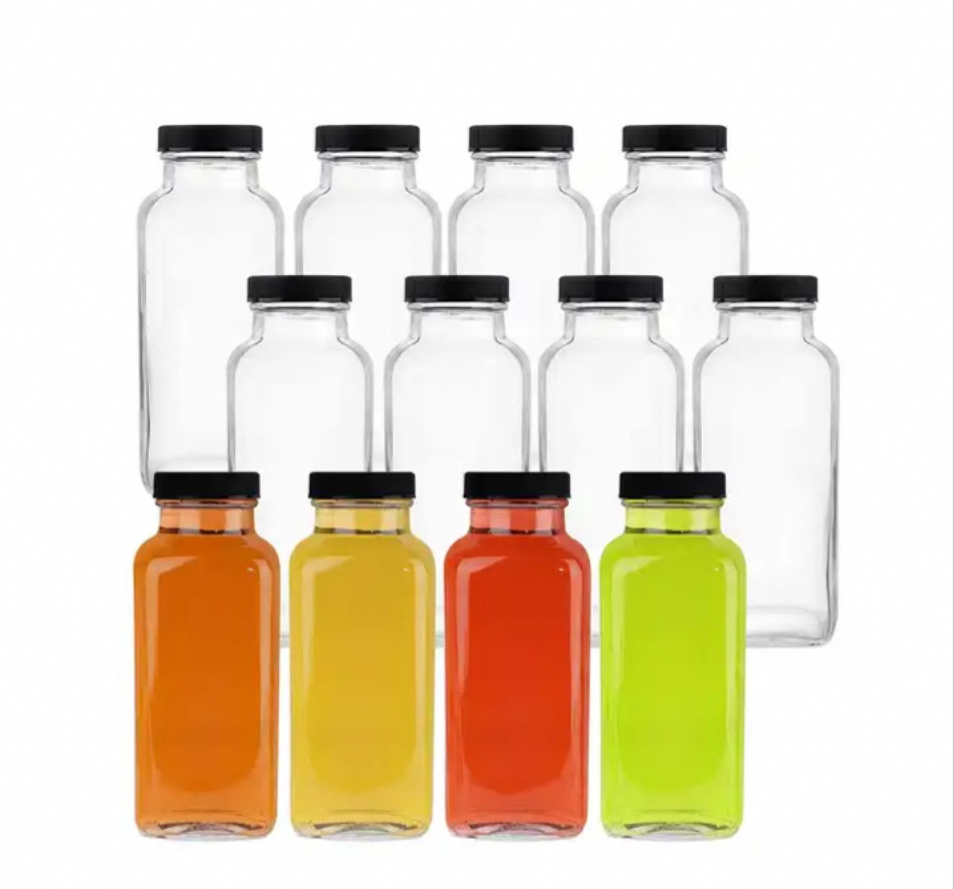 12oz 16 oz 250ml 350ml 500ml French Square Beverage Bottles With Lids Vintage Water Bottles Glass Drinking Bottles