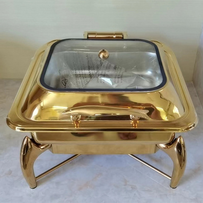 Luxury Thicken Gold Chafing Dish Buffet Set Stainless Steel Chafer for Catering in Glass Lid Chafers and Buffet Warmer Sets