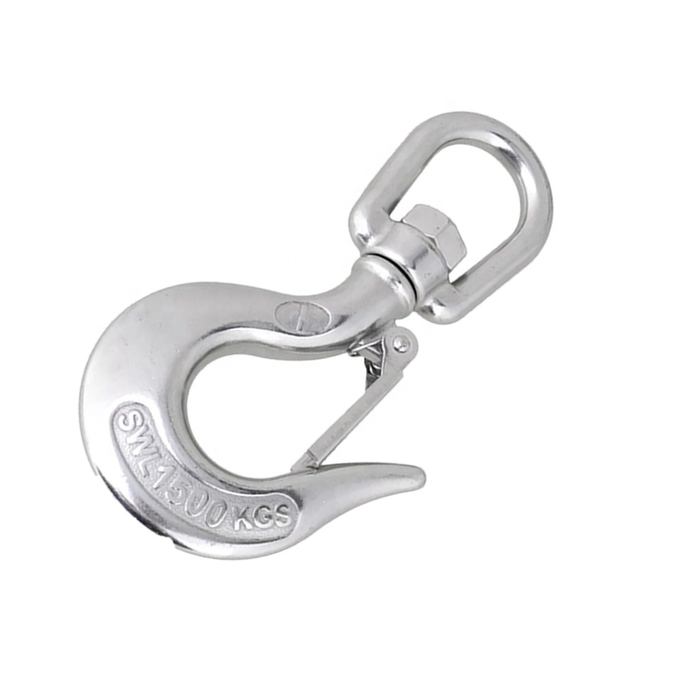 Heavy Duty  Manufacturer Ss 316 Stainless Steel Swivel Crane Chain Hook Swivel Selflock Eye Hook With Safety Latch For Lifting