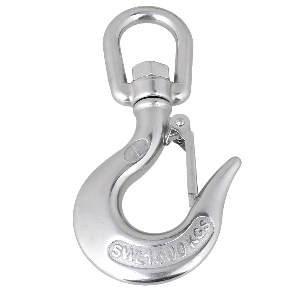 Heavy Duty  Manufacturer Ss 316 Stainless Steel Swivel Crane Chain Hook Swivel Selflock Eye Hook With Safety Latch For Lifting