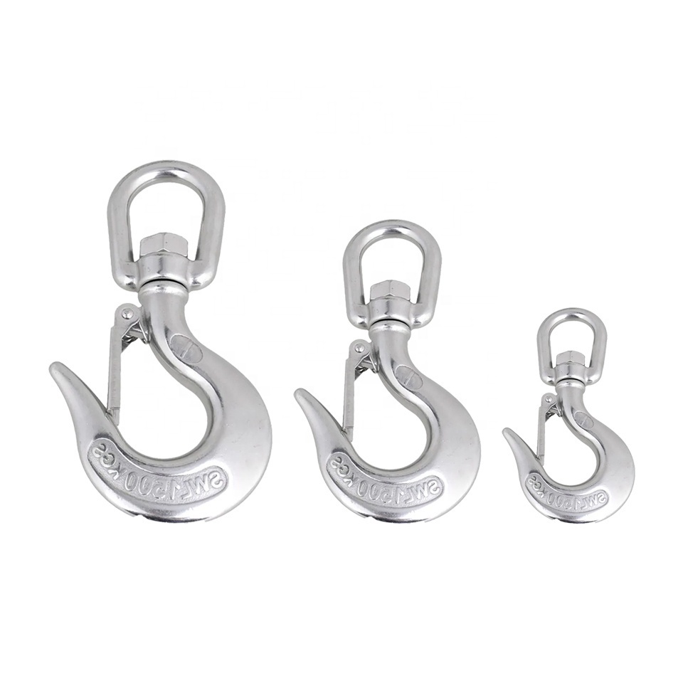 Heavy Duty  Manufacturer Ss 316 Stainless Steel Swivel Crane Chain Hook Swivel Selflock Eye Hook With Safety Latch For Lifting