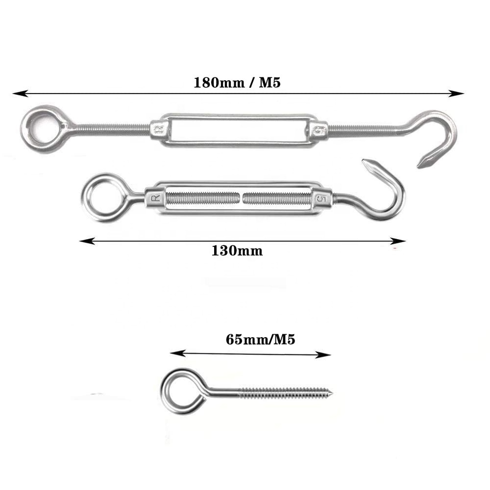 304 Stainless Steel Sun Shade Sail Sunshade Canopy Tent Kit PVC Coated Wire Rope Cable M5 Turnbuckle Hook to Eye Thimbles