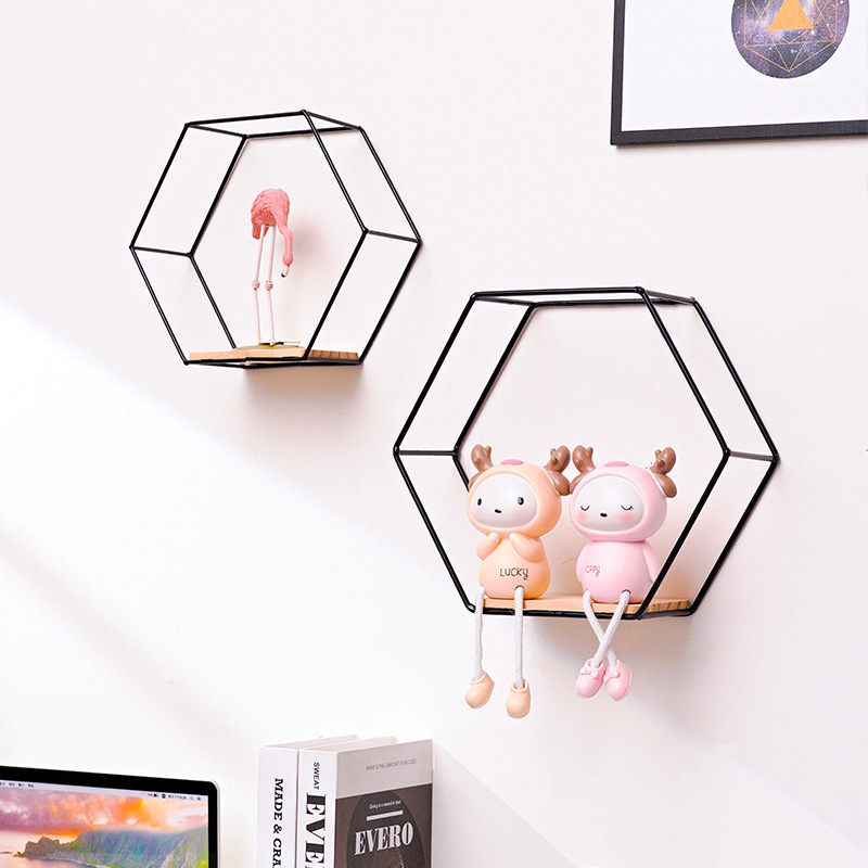 Nordic Wall Hanging Storage Shelf Room Decoration Frame Craft Nordic Hexagonal Iron Art Creative Display Shelf