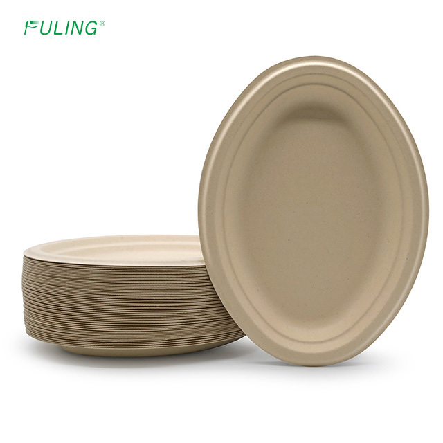 FULING 100% Compostable Oval Paper Plates 10 inch Disposable Bagasse Natural Biodegradable Sugarcane Plates