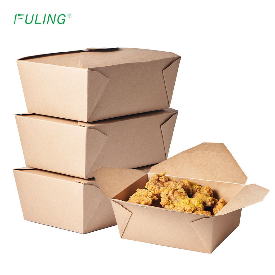 FULING Restaurant Disposable Kraft Paper Food To Go Box Leak Grease Resistant Kraft Lunch Meal Food Box Take Out Food Containers