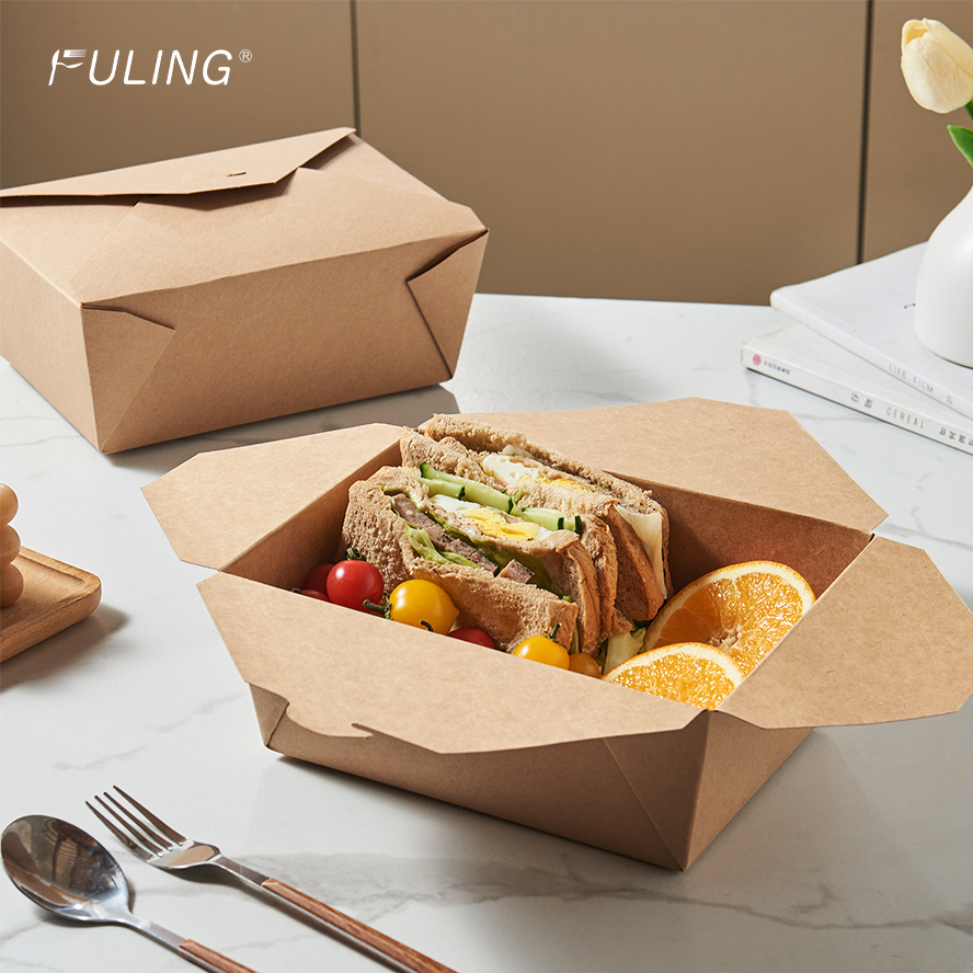 FULING Restaurant Disposable Kraft Paper Food To Go Box Leak Grease Resistant Kraft Lunch Meal Food Box Take Out Food Containers