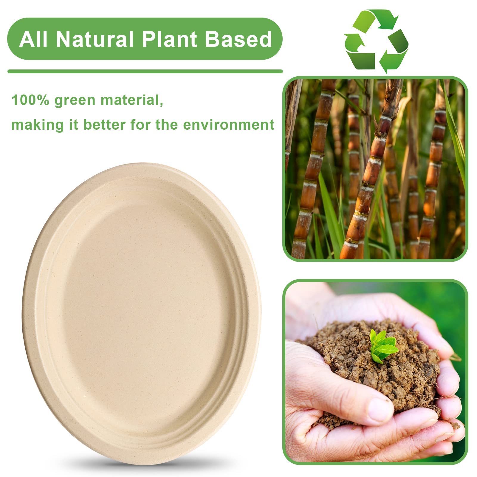 FULING 100% Compostable Oval Paper Plates 10 inch Disposable Bagasse Natural Biodegradable Sugarcane Plates