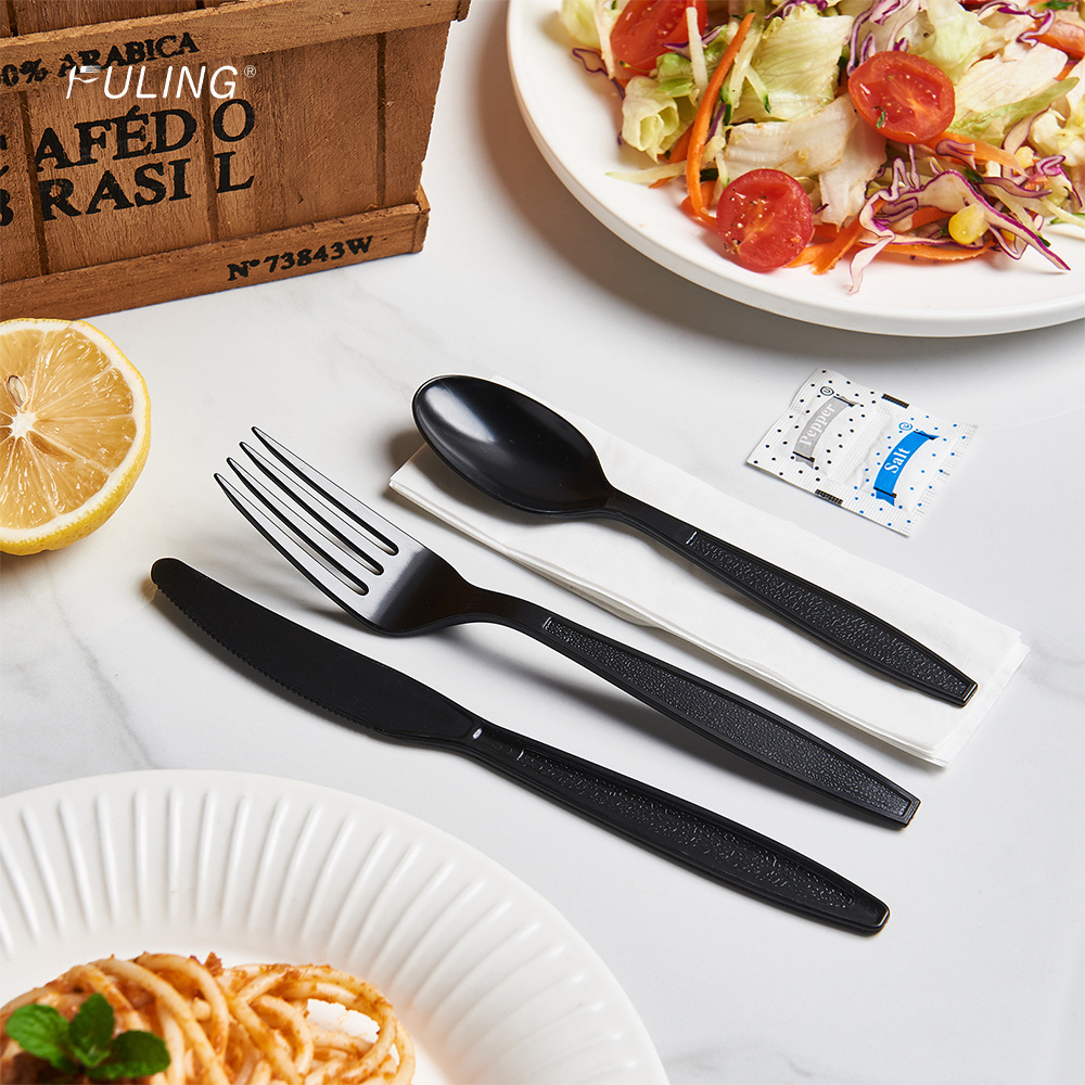 FULING 6 In1 Heavy Weight Plastic PS Disposable Cutlery Set Custom Forks and Spoon Knife Kit Wrapped With Napkin Salt Pepper