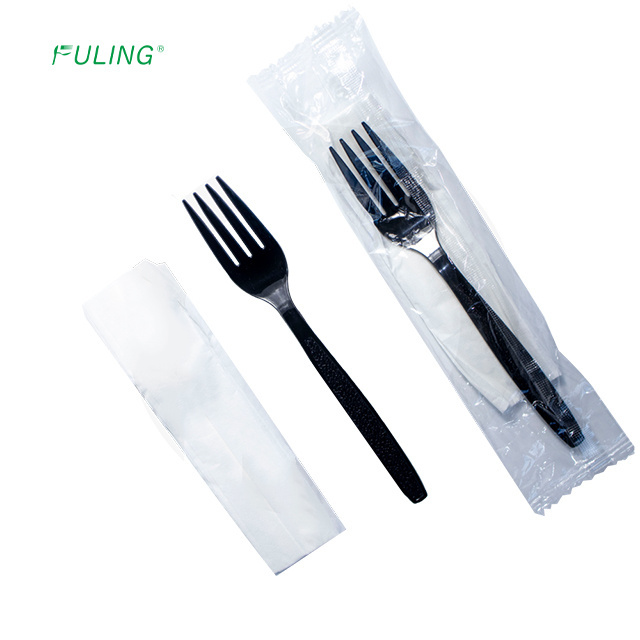 FULING 6 In1 Heavy Weight Plastic PS Disposable Cutlery Set Custom Forks and Spoon Knife Kit Wrapped With Napkin Salt Pepper