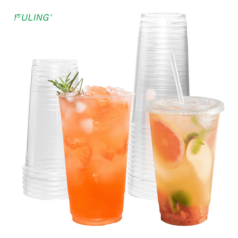 FULING Premium Plastic U-Rim Cold Cups 12 16 24 32 oz Transparent disposable smoothie milktea bubble tea plastic cups