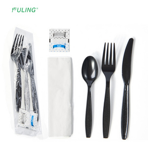 FULING 6 In1 Heavy Weight Plastic PS Disposable Cutlery Set Custom Forks and Spoon Knife Kit Wrapped With Napkin Salt Pepper