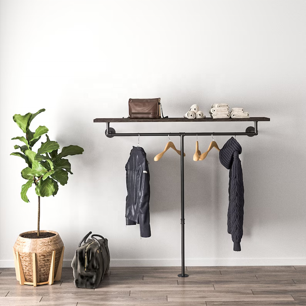 Minimalist Pipe Clothing Rail with Shelf Wall Mounted Standing Hanging Clothes Metal Display Clothes Rack