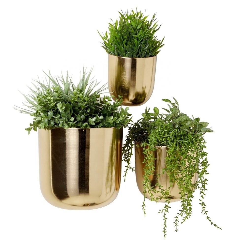 Contemporary Large Round Metallic Gold Display Plant Stand Chrome Metal Wall Hanging Planters Outdoor Indoor Flower Pot