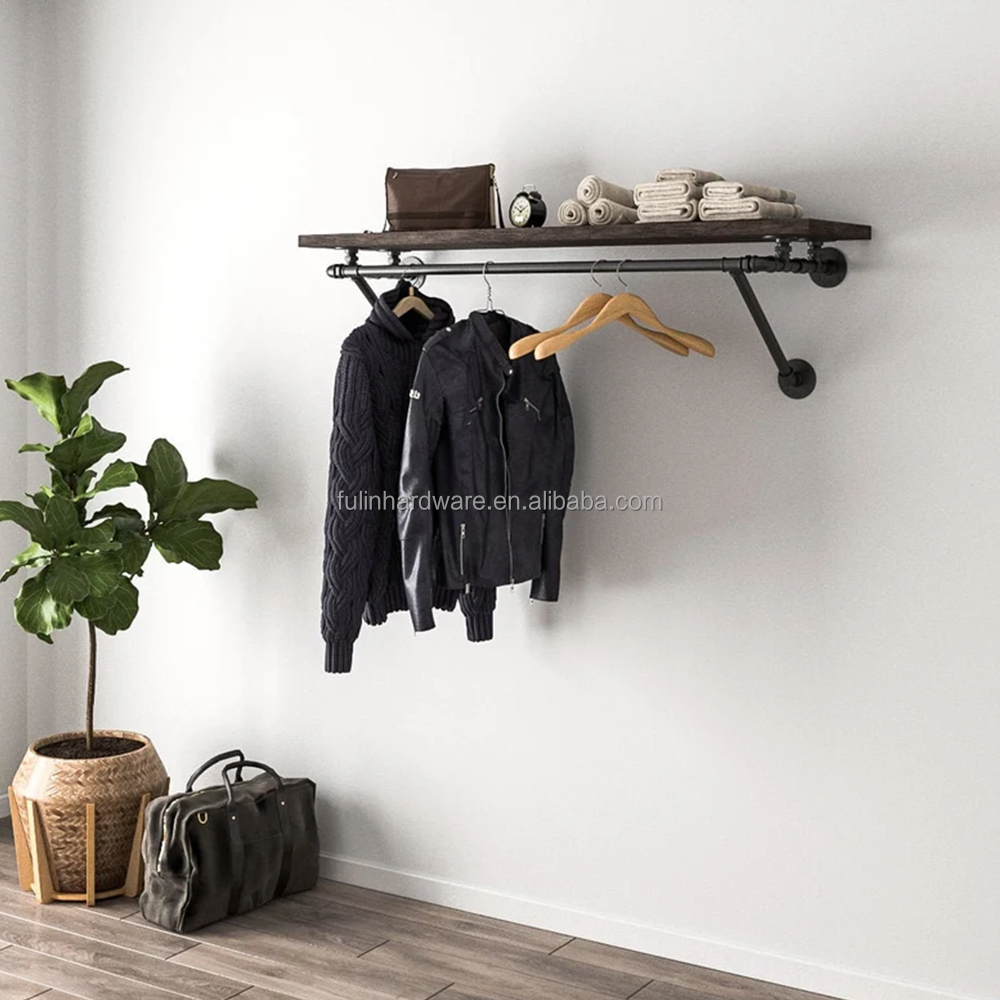 Wall Mounted Cloths Rack Industrial Pipe Clothing Store Display Rack Black Garment Storage Rack With Shelf